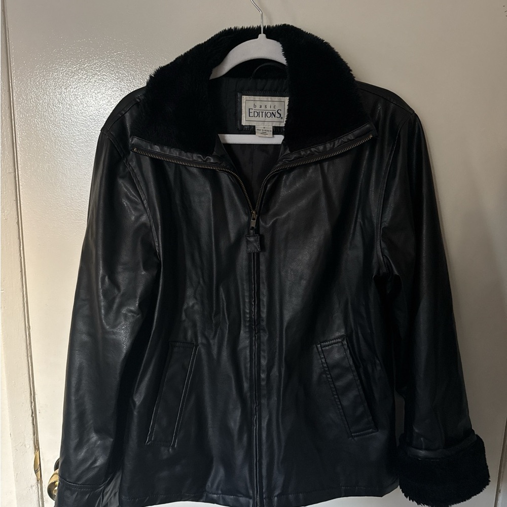 Basic Editions Small Black Faux Leather Jacket with Faux Fur Trim